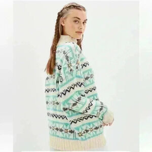 NWT American Eagle Oversized Fairisle Mock Neck Sweater Blue White Crewneck XL